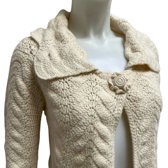 Y2K Cropped Chrochet Cable Knit Shrug Coquette Girl Cream Cardi Cottage Core SzM - Picture 11 of 15